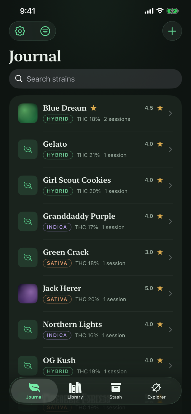 The Journal tab listing logged strains