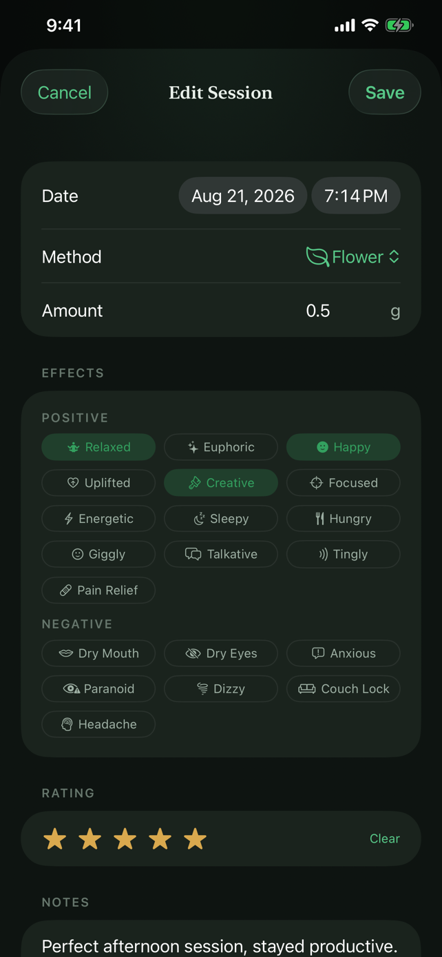 Logging a session with effect tags and a rating